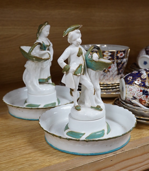 A pair of Victorian bone china figural dishes, an Imari pattern teaset, together with other wares. Condition - mostly fair